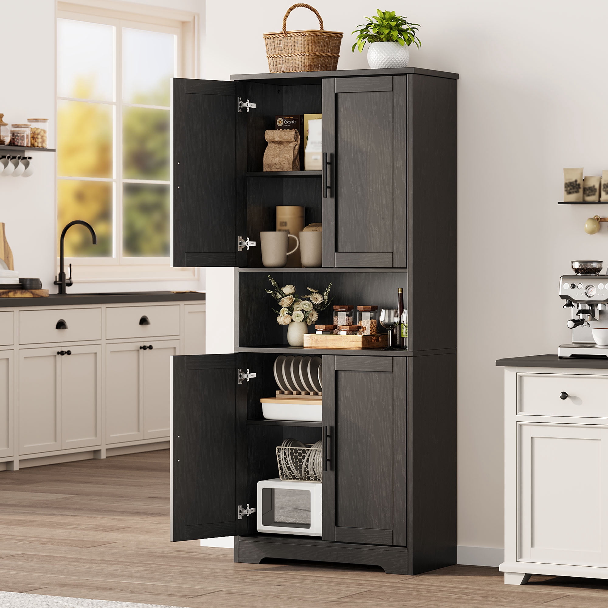 Tall Pantry Cabinet with 4 Doors - 70 Inch Freestanding Cupboard
