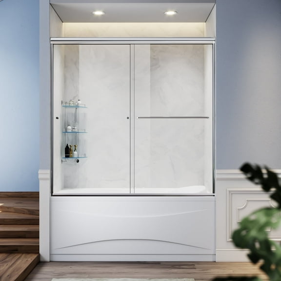 Sunny Shower Double Sliding Tub Door 60" x 57.4" with 1/4" Clear Glass in Chrome Finish