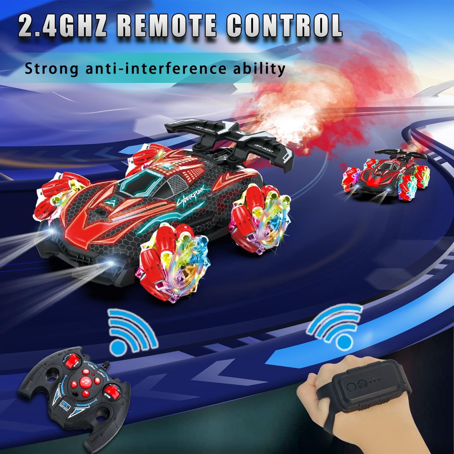 Funtogether Toys RC Gesture Sensing Stunt Car with Spray, Lights & Music, 360° Rotating 4WD Transforming Remote Control Car for Boys Ages 6–12