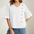 thumbnail image 6 of Ashirexll Short Sleeve Shirts for Women Summer Solid Color V-Neck Three Quarter Pleated Sleeve Button Down Slit Top T-Shirt, 6 of 7