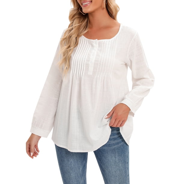 Casual Mujer Blusa de algodón O-cuello Botón de manga larga Camiseta suelta sólida Tops Romacci Blusa