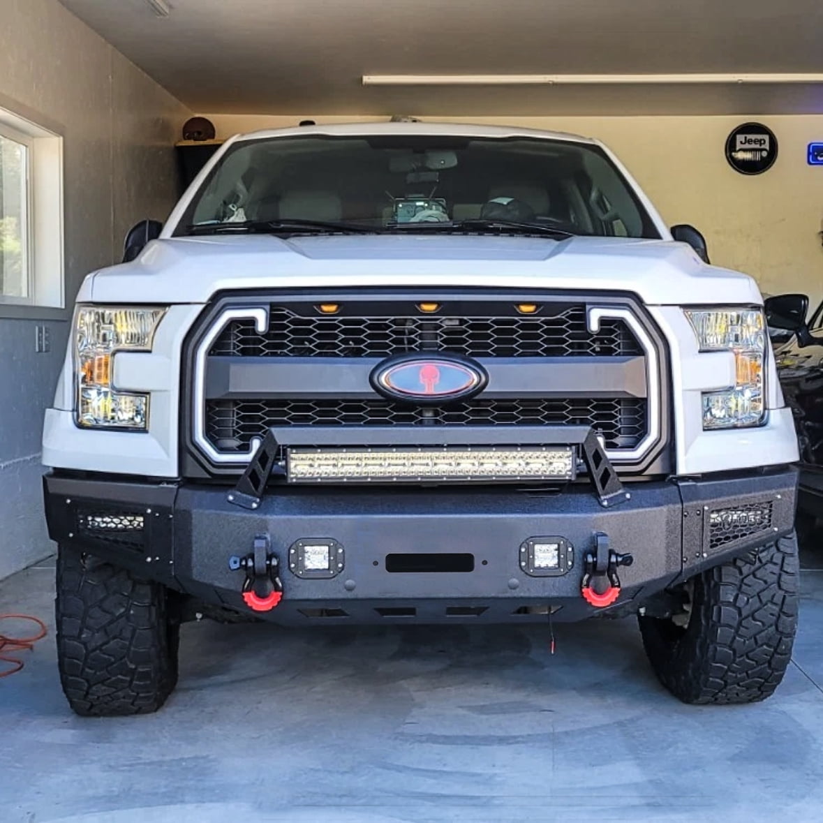 Vijay Compatible with 2015-2016-2017 Ford F150 Front Bumper Textured Black Steel with Lights and D-rings