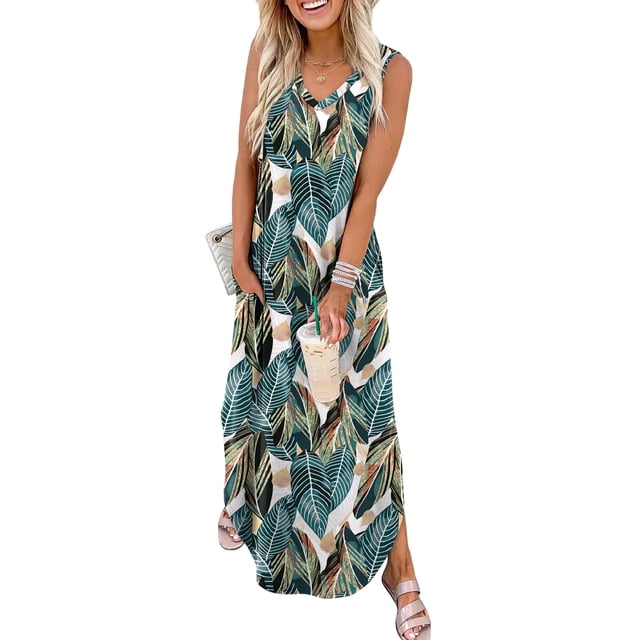 Vestido maxi Sampeel con cuello en V, sin mangas, estilo veraniego para playa, talla L