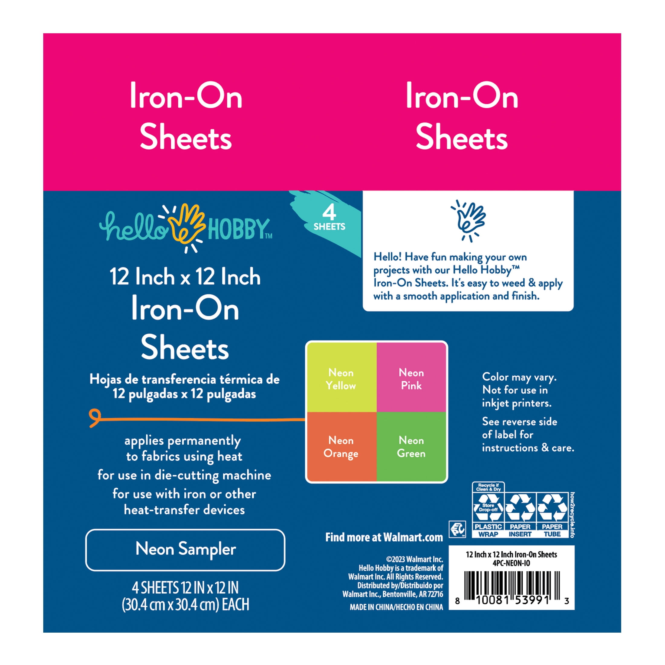 Hello Hobby 12" x 12" Neon Sampler Iron-On Sheets (4 Count)