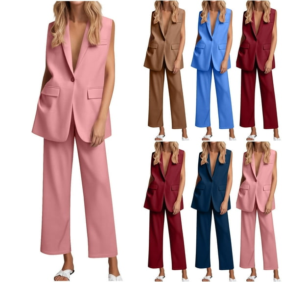 FRSASU Women's 2 Piece Suit Sets Sleeveless Button Vest and Wide Leg Pants Business Casual Work Outfits Wine XL(XL)