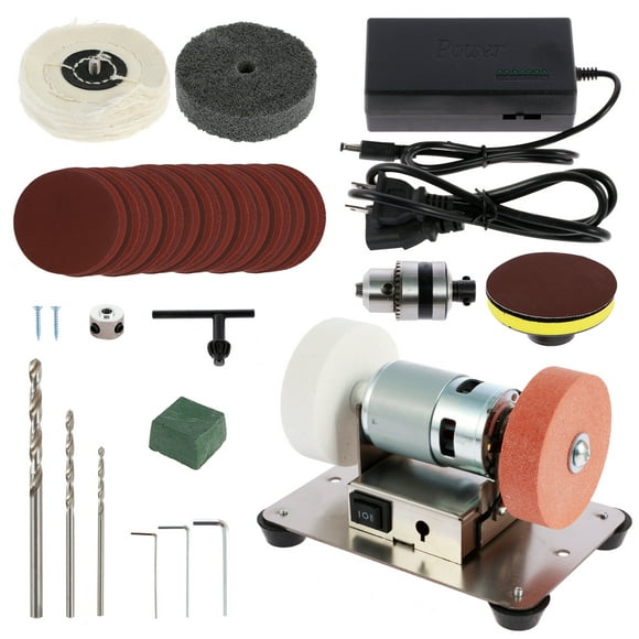 Grusce Small Table Grinder Multifunctional Electric Benchtop Sander 7 Speed Adjustable Polishing Buffing Sanding Machine Low Noise Drilling Grinder Machine with Double Grinding Wheel