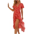 thumbnail image 4 of Rigardu Short Casual A-Line Women's Dress Sleeve Floral Print V-Neck Printed Women's Dress Red + XXL, 4 of 9