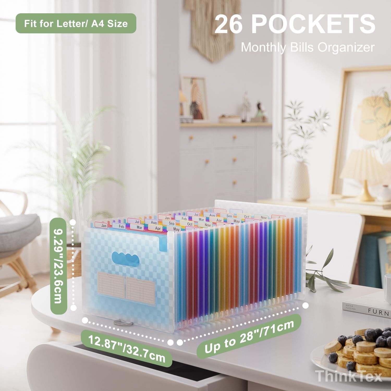 Accordion File Organizer, 26 Pockets Expanding Folders, Monthly Bill Receipt Documents A-Z Colorful Tabs, Letter/A4 Size - Blue