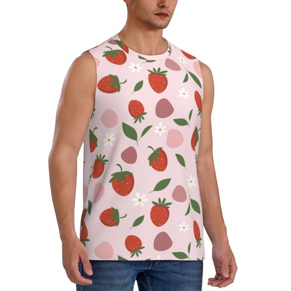 Fotbe Men's Floral Strawberr Print Men's Sleeveless Muscle Tank Tops Casual T-Shirts for Gym Workout Beach-XX-Large