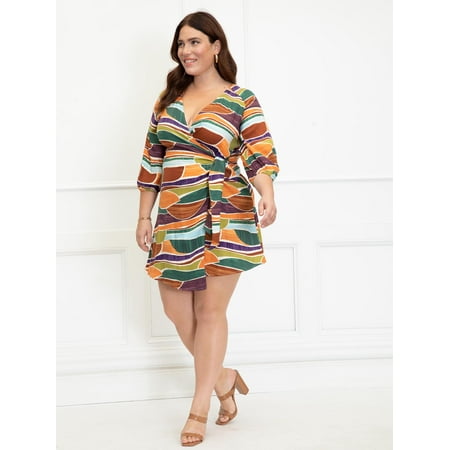 ELOQUII Elements Women's Plus Size Printed Self-Tie Wrap Dress w/ Puff Sleeve