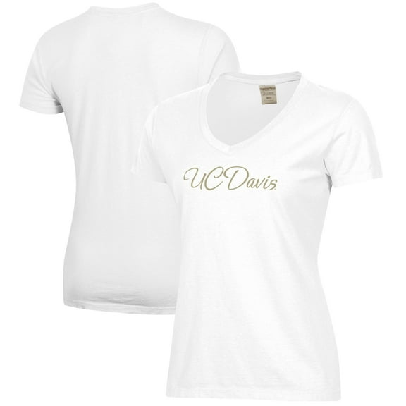 Women's  White UC Davis Aggies Script Logo Comfort Wash V-Neck T-Shirt