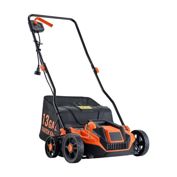 Electric Dethatcher Scarifier, 13-Inch 13 Amp Corded Lawn Care, 13-Gallon Bag, 5-Depth Adjustment, Walk Behind Yard Machine for Grass