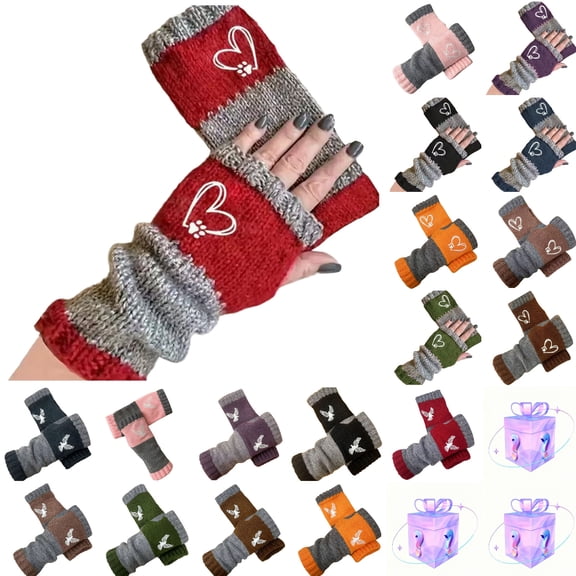 KKBOTIVE Women's Knitted Fingerless Gloves with Cute Embroidery, Fashion Leaky Retro Splicing Thick Warm Winter Gloves ( Coffee One Size )