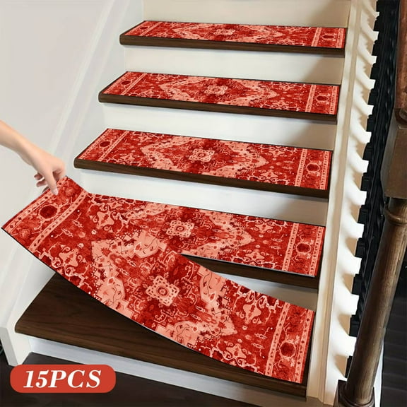 15Pcs Extra-Long Non-Slip Carpet Stair Treads, 20×76 cm, Washable Polyester Runner Strips with Reusable Adhesive, Pet-Friendly & Elder-Safe, Easy to Clean, Red