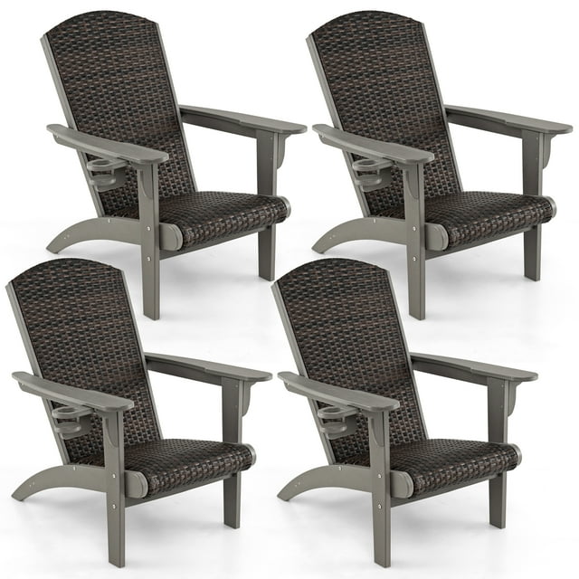 Gymax Set of 4 Adirondack Chair w/ Rattan Padded Seat & Back Wide Hidden Cupholder Patio Gray