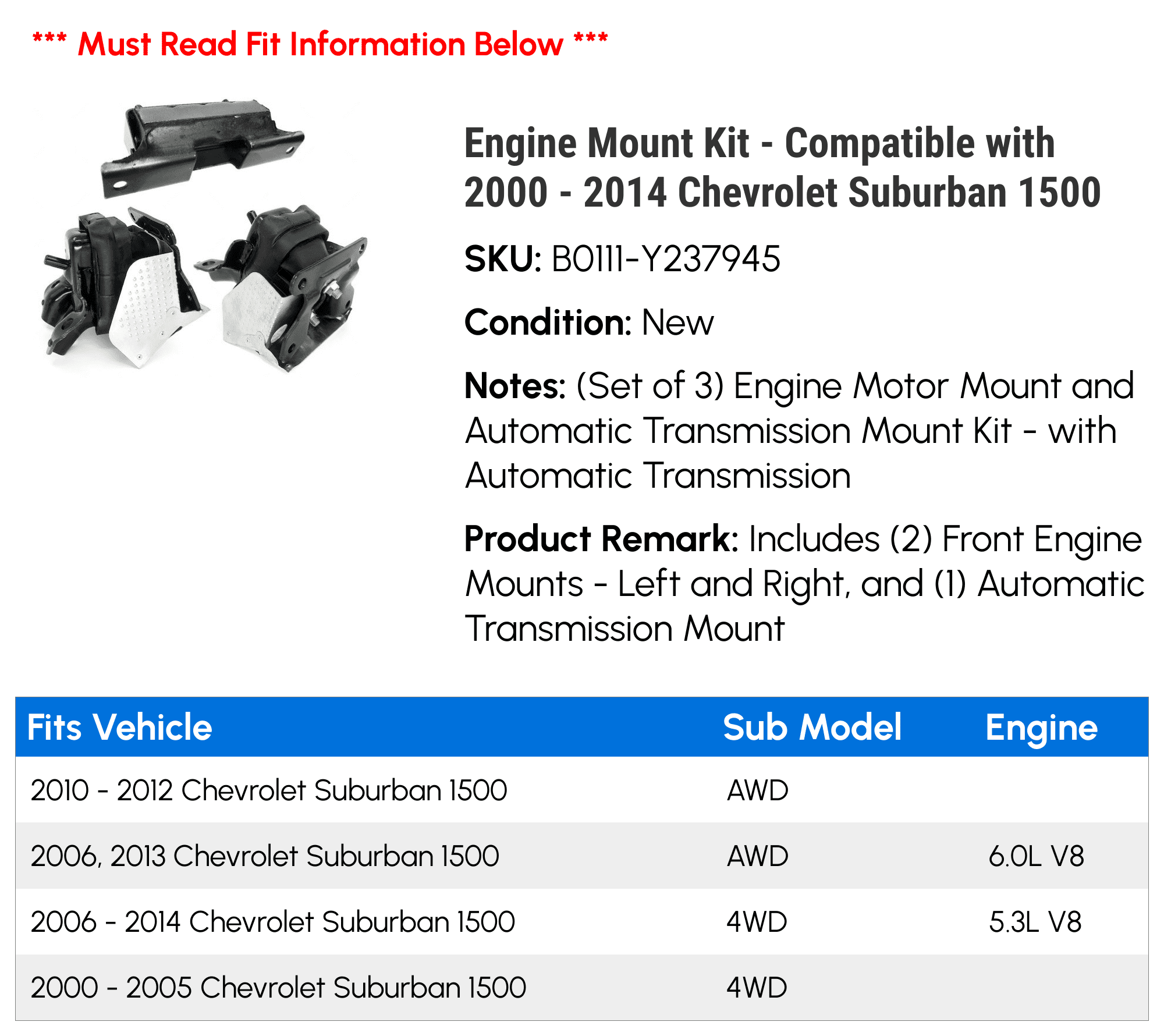 Engine Mount Kit - Compatible with 2000 - 2014 Chevrolet Suburban 1500 - Replacement