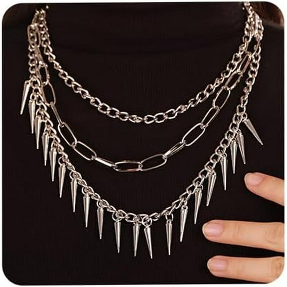 Layered Gothic Silver Link Chains Necklace Punk Choker Rock Collar Spike Rivet Studded Pendant Festival Hiphop Jewelry for Women