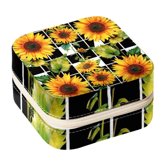 PhooArto Small Jewellery Box, Geometry Sunflower Pattern Portable Travel Mini Jewelry Case for Women Leather Ring Organizer
