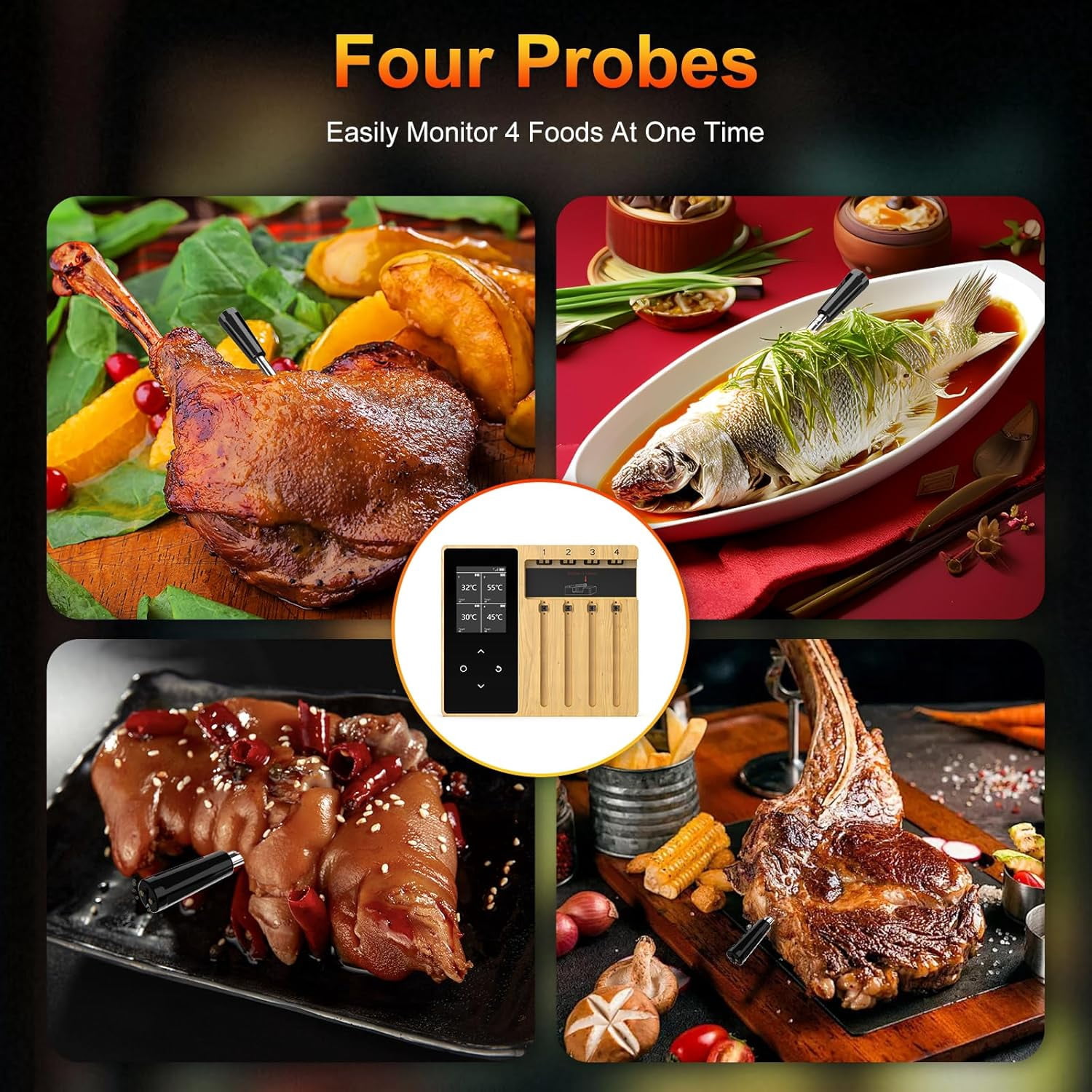 Smart Wireless Meat Thermometer 4 Probes Large Split Screen Bluetooth