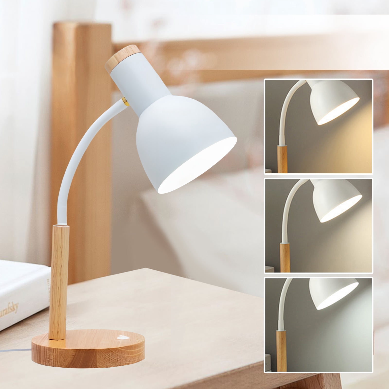 Nordic Wood Iron LED Eye Protection Desk Lamp with Wood Base Nordic Simple Iron Wood Table Lamp W/ 3 Colors Adjustable for Study Bedroom Parlor Bookstore Hotel