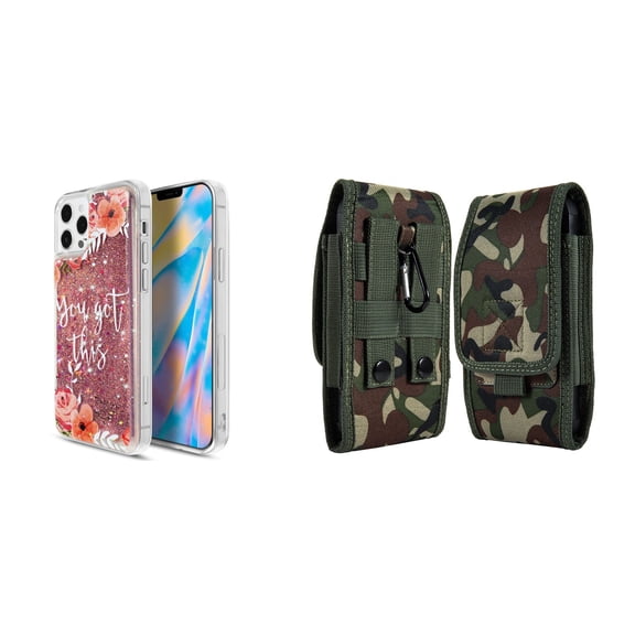 Liquid Glitter Case for iPhone 14 Pro and Belt Holster Pouch (You Got This/Jungle)