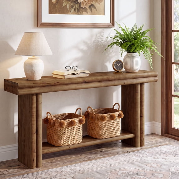 Finmind 63" Solid Wood Entryway Console Table with Storage Shelf, Farmhouse Sofa Table Behind Couch for Living Room, Hallway, Foyer, Brown