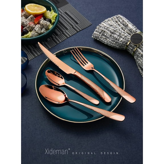 16-Piece Modern Copper Hammered Silverware Set with Ultra  2-IN-1 Serrated Knife, Rose Gold 18/10 Stainless Steel Flatware Set, Utensil Cutlery Set for 4 Person, Forks Spoons Knives Set