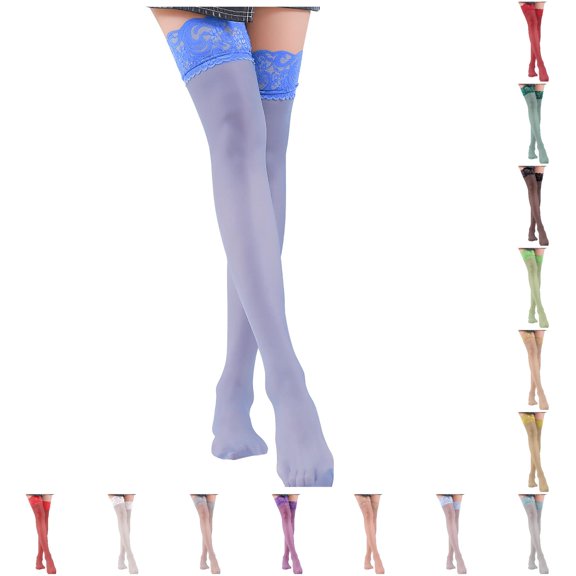 XFeng Women's Sheer Thigh High Stockings Wide Lace Top Silky Stretchy Non Hosiery for Skirt Outfits Date Night Party Daily Dressing,Green,One Size