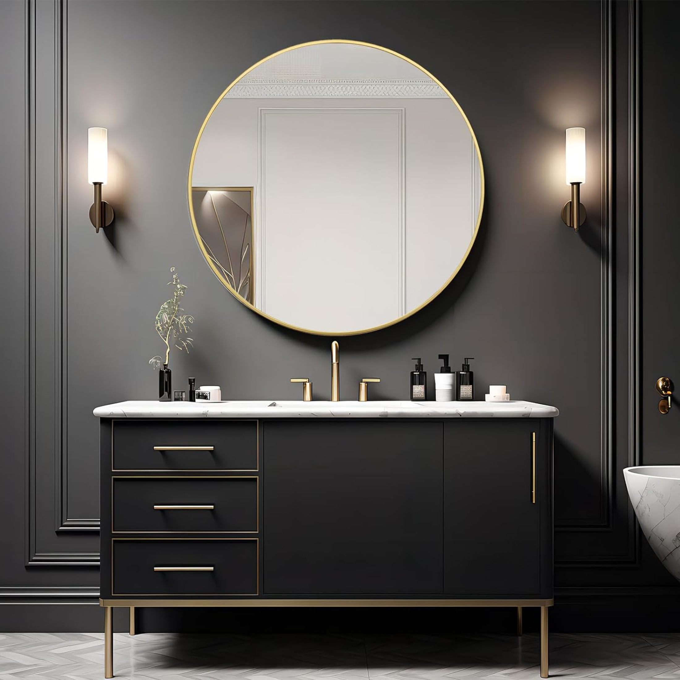 Noble House 42" Round Metal Wall Mirror, Vanity Mirror for Bathroom, Bedroom & Living Room, Gold