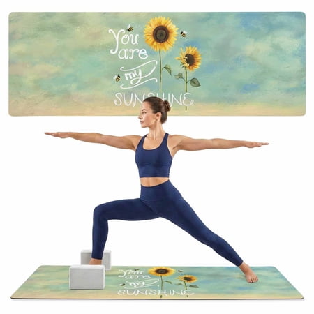 Yoga Mat You Are My Sunshine Yoga Mats with Strap & Shortage Bag Non Slip Workout Mats Absorbent Cushion Pad Bee Sunflower Ombre Green Exercise Mat for Yoga Pilates Stretching Home Gym 68 x24