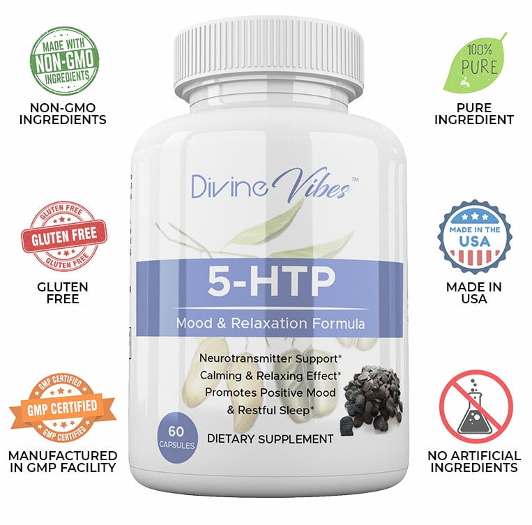 Divine Vibes 5-HTP 200mg Plus Calcium – Mood & Relaxation Formula for Positive Mood, Stress Relief & Restful Sleep – Boosts Serotonin Naturally – Non-GMO, All Natural, 30 Day Supply, Made in USA