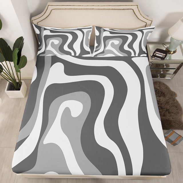 Erosebridal Stripes Lines Fitted Sheet Set Queen,Abstract Geometric Fitted Sheet Queen,Gradient Ombre Fitted Sheet Set Queen,Microfiber Geometry Bedroom Decorative,3 Pieces(Fitted Sheet,Pillowcase)