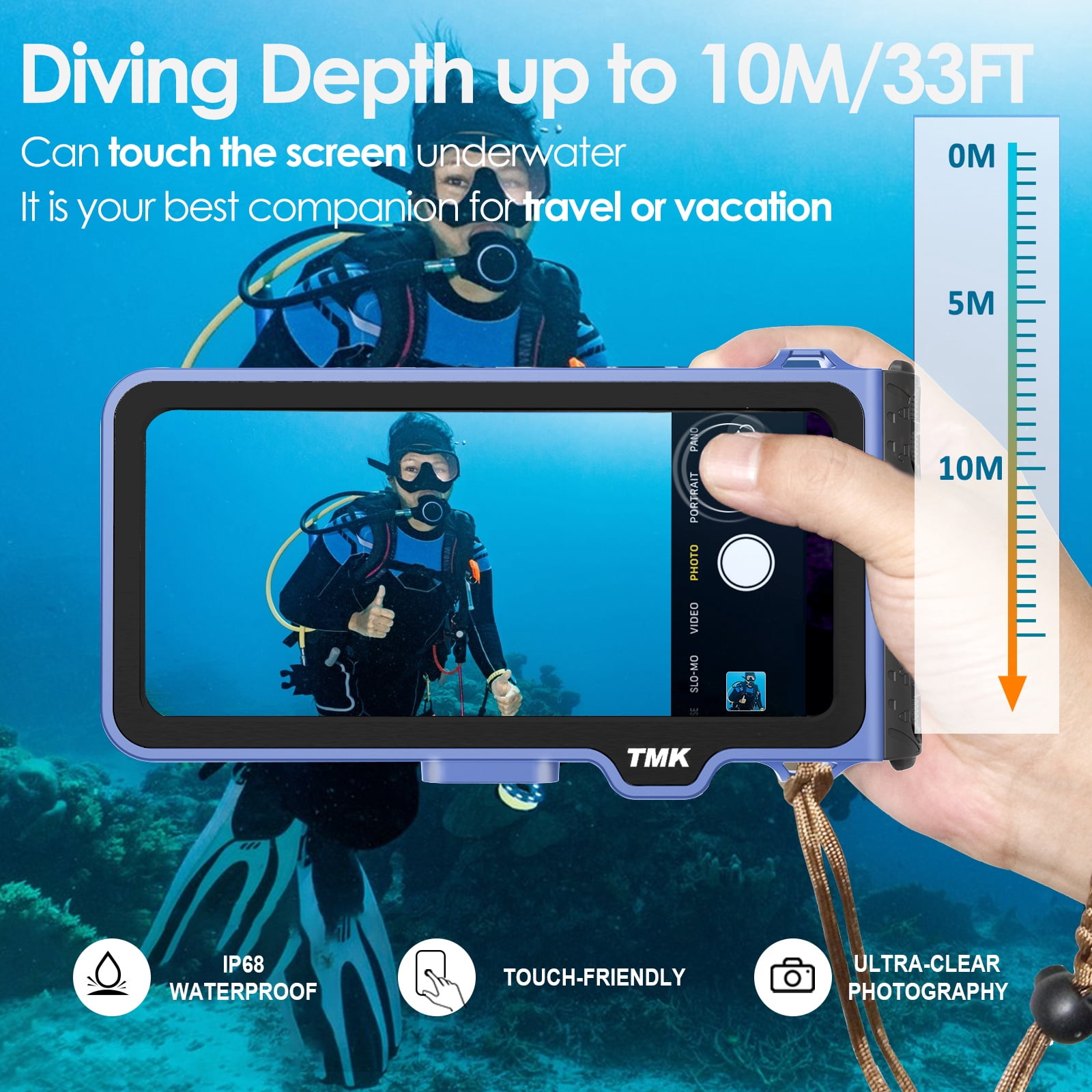 10m/33ft Waterproof Universal Snorkeling Phone Case for iPhone 16/15/14/13/12/11 Pro Max/XS/XR/Samsung S25/S24/S23/S22/S21/A Series Support Touch Screen Diving Swimming Surfing Housing(Blue)