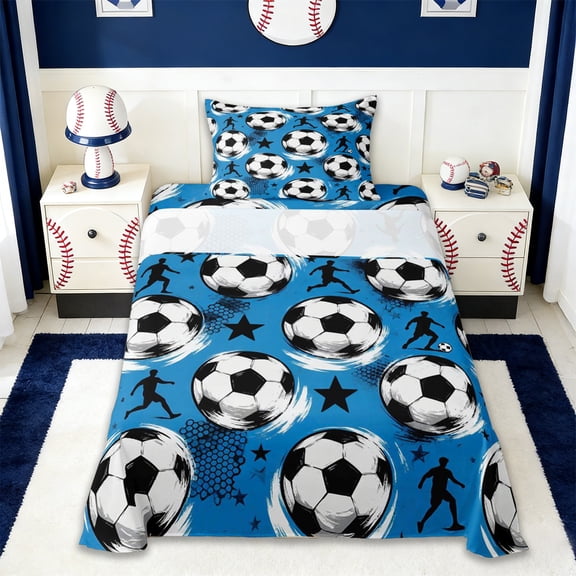 Erosebridal Soccer Sport Games Themed Kids Twin Sheet Sets For Football Gamer,Cute Stars Print Bedding 3-Piece