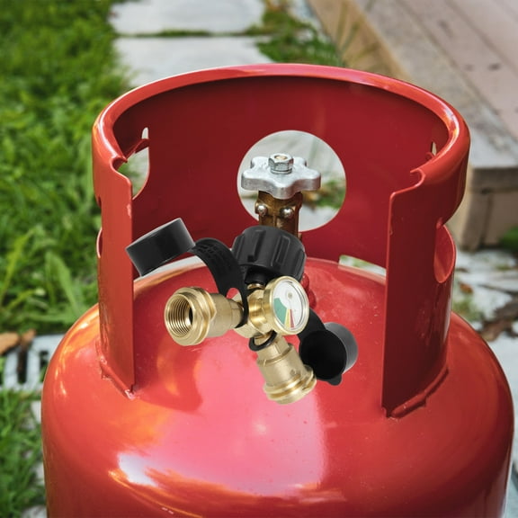 2 Way Propane Splitter with Shut Off Valve and Gauge Brass Propane Tank Y Splitter Adapter Sturdy Propane Hose Splitter QCC1/Type1 Propane Connector Splitter for Propane Tank