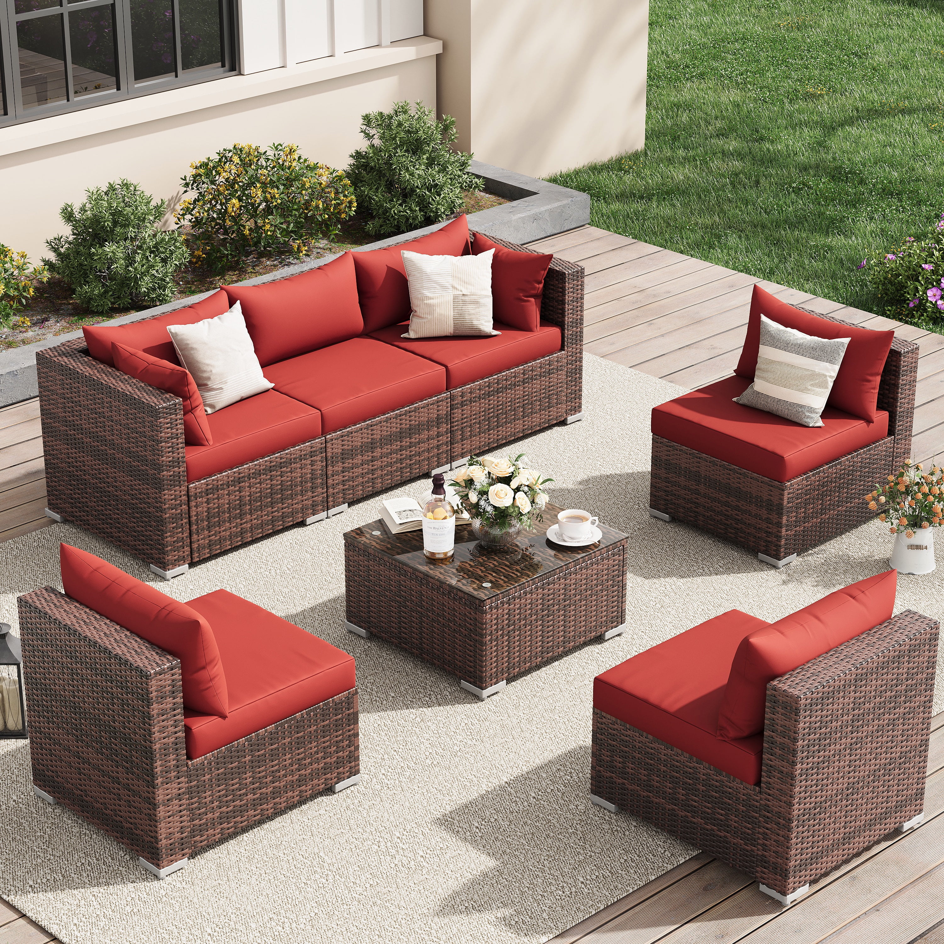 UDPATIO Patio Furniture Sets, Modular Rattan Outdoor Patio Sectional Furniture with 44" Fire Pit Table,, Wicker Patio Conversation Set for Backyard, Deck, Poolside w/Glass Coffee Table, 7PC Wine Red