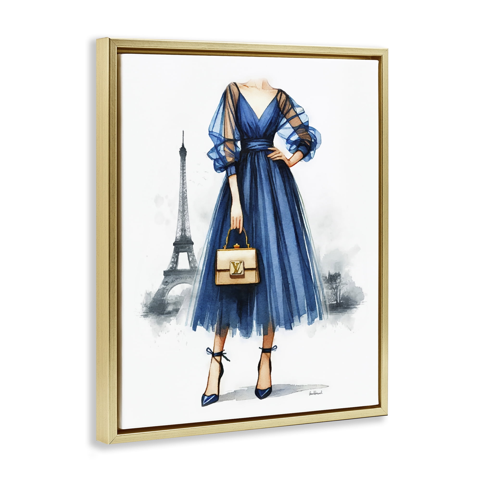 Stupell Industries Parisian Fashion Woman Fashion Painting Gold Floater Framed Canvas Art Print Wall Art, 25 x 31