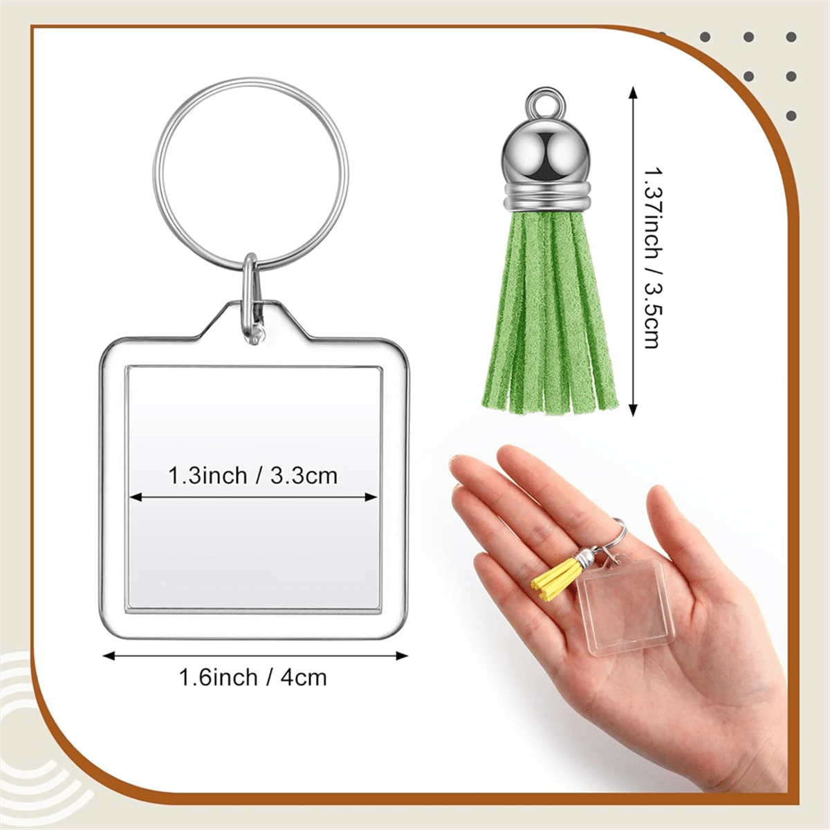 NEW Acrylic Photo Frame Keychain with Tassels Charms Insert Clear Keyrings Blank for DIY Square