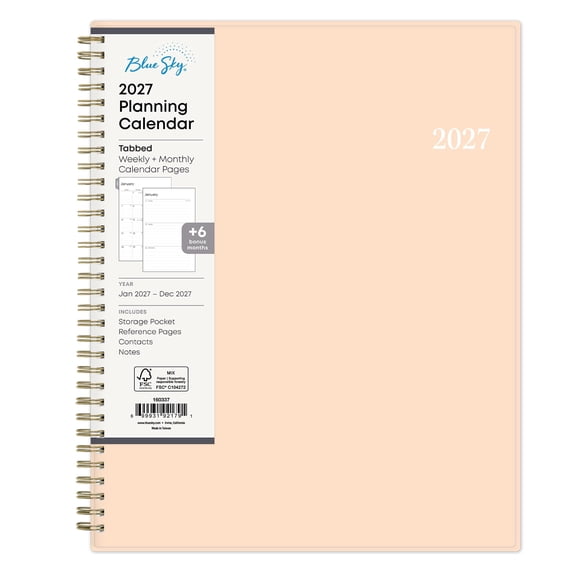 Blue Sky 2027 Weekly and Monthly Planner Calendar, Includes January 2027 - December 2027, 8.5" x 11", Flexible Cover, Wirebound, Laminated Tabs, Storage Pocket, Enterprise Blush Pink