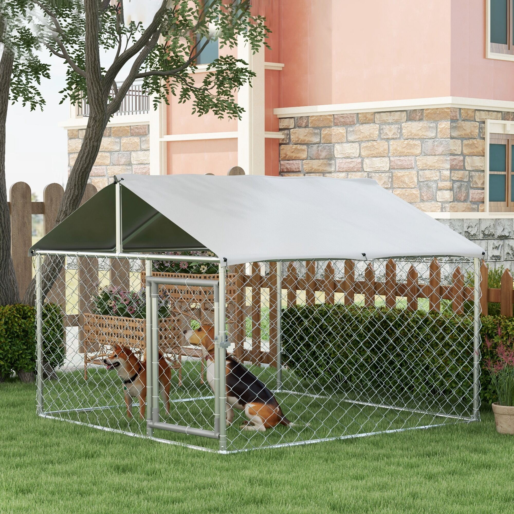 Dog Crate, PawHut Large Dog Kennel Outside, Heavy Duty Dog Cage with Waterproof Cover, Outdoor Fence Dog Run with Galvanized Chain Link, Secure Lock, 6.6' x 6.6' x 4.9', Silver Pet Playpen