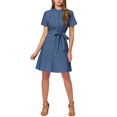 thumbnail image 2 of INSPIRE CHIC Women's Button Down Short Sleeve Denim Shirt Midi Dress with Belt XS Blue, 2 of 5
