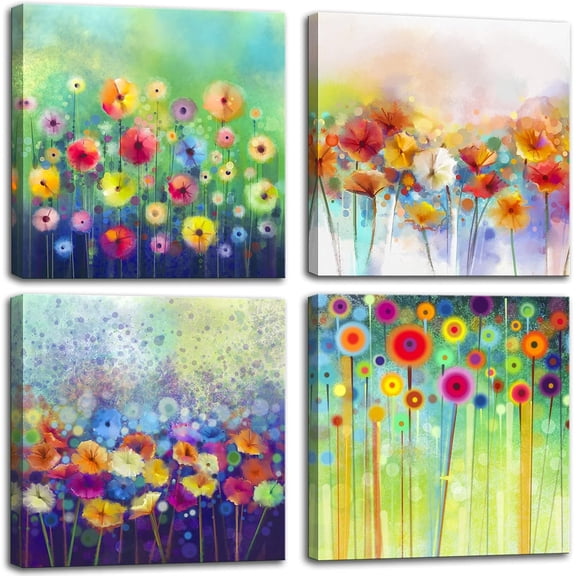 Colorful Flowers Canvas Wall Art, Floral Artwork Painting Prints ModernBathroom Pictures Framed for Living Room Bedroom Office Home Decor - 16"x16"x4 panel