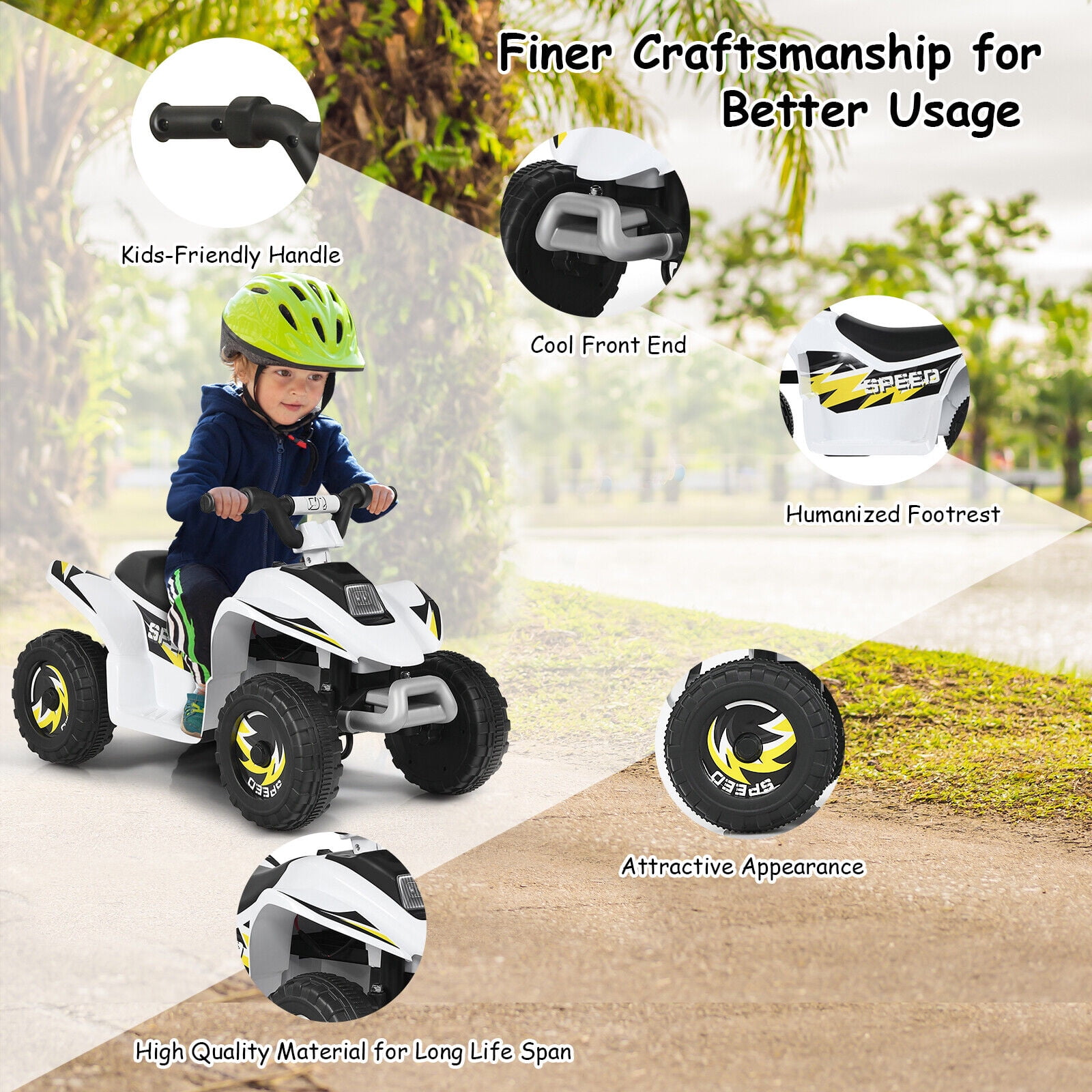 Amijoy 6V Children's electric four-wheel ATV 4 wear-resistant wheels, wide seats, foot pedals, with forward/back switch, mini electric car, gift for children 3-8 years old