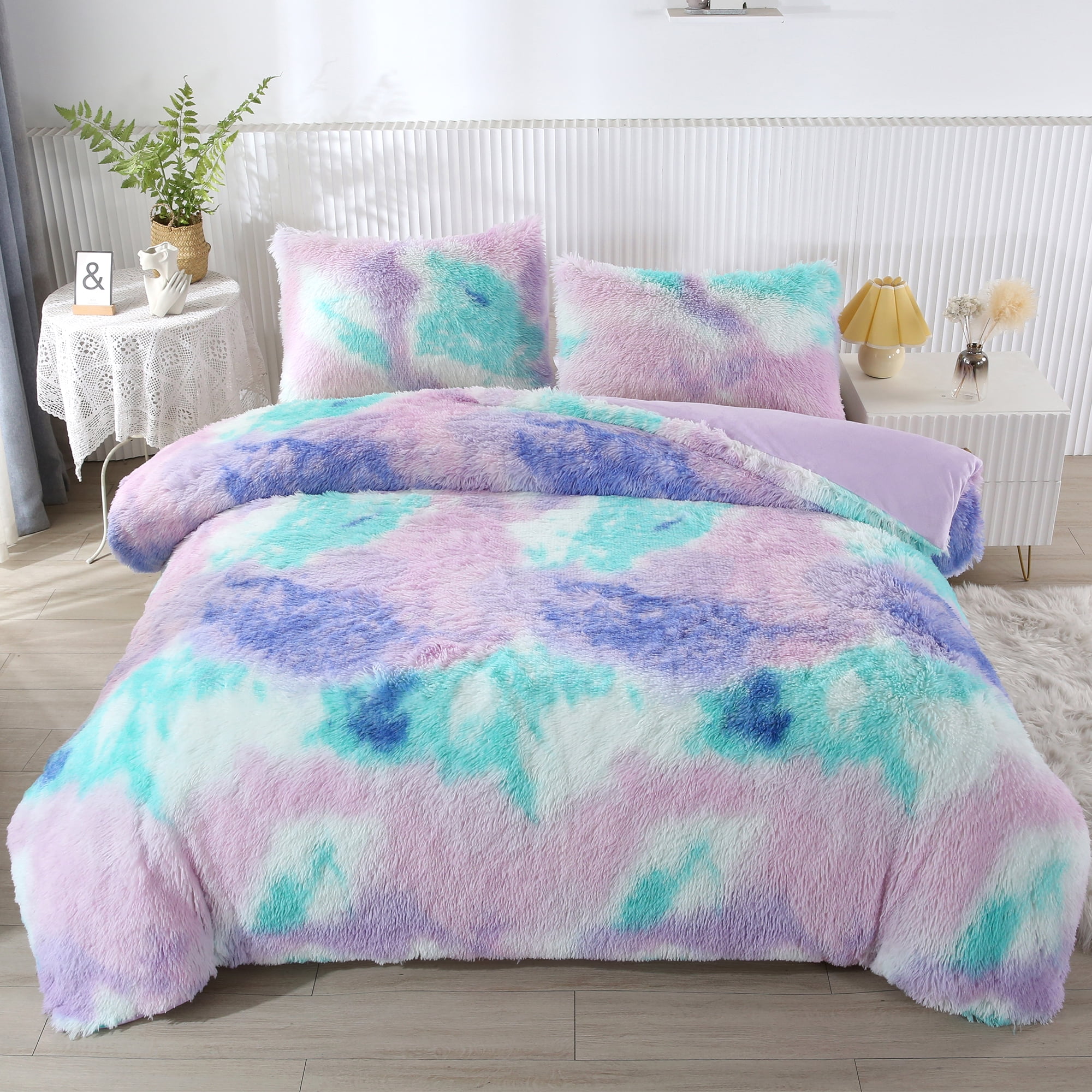 PERFEMET 3Pcs Tie Dye Long Hair Fuzzy Comforter Set, Gradient Purple