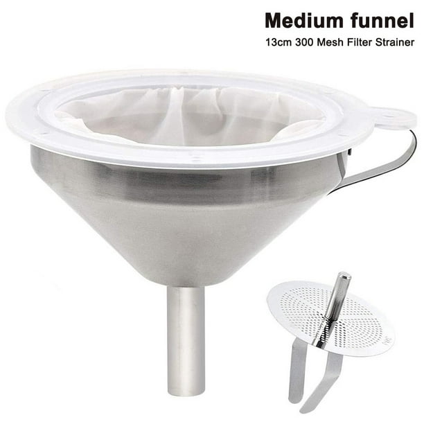 Embudo de acero inoxidable, embudo de cocina de acero inoxidable 304 de 5 pulgadas con filtro colador de acero inoxidable y colador de filtro de alimentos de malla 300 para transferir líquidos