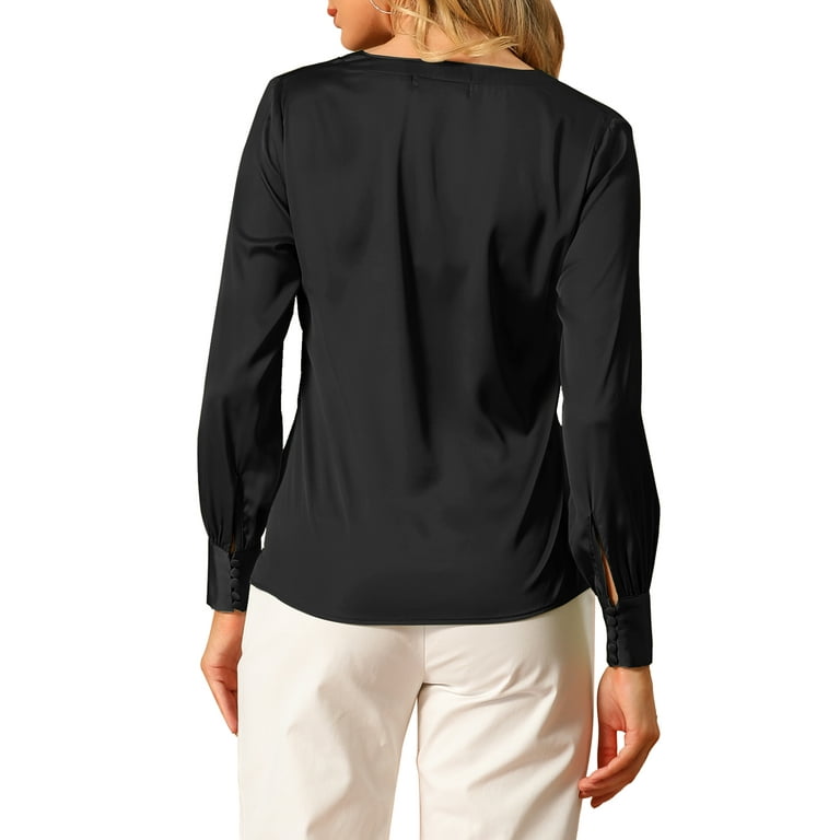 Unique Bargains Women's Satin V-Neck Elegant Work Long Sleeve Blouse Top