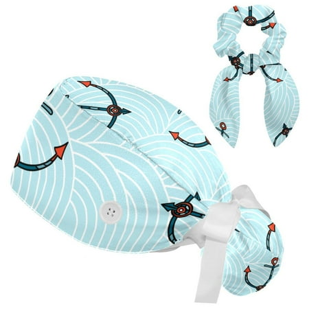

Working Cap with Buttons and Sweatband Scrub Hat Bouffant Caps with Scrunchie Anchor Tie Back Hats