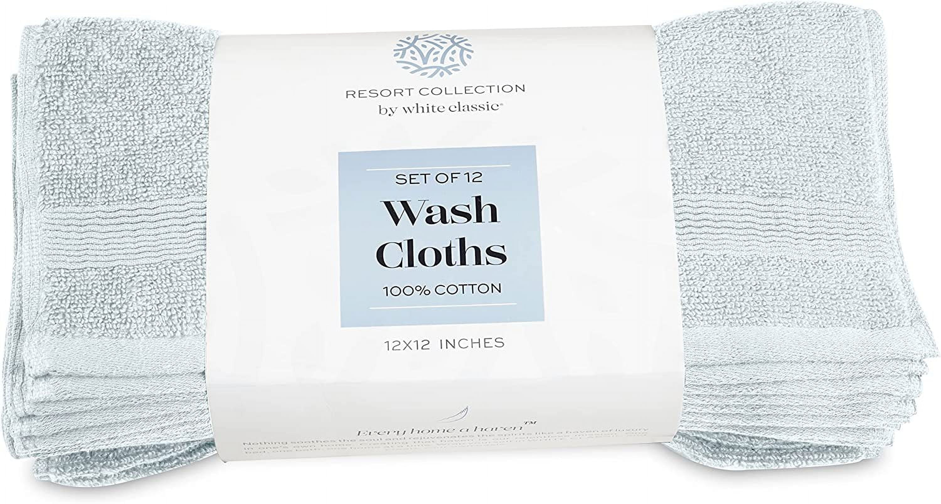 Resort Collection Soft Washcloth Face & Body Towel Set | 12x12 Luxury Hotel Plush & Absorbent Cotton Wash Clothes [12 Pack, Light Blue]