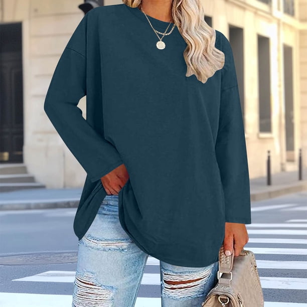 Xuyuer Womens Plus Size Tops Basic Long Sleeve Shirts Crew Neck T Shirt Fall Outfits Loose Fit Casual Blouses