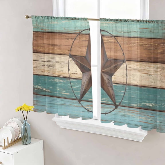 Sheer Curtains 45 Inch Length 2 Panels Set for Kitchen, Teal Brown Semi Sheer Curtains for Windows, Country Texas Star Farmhouse Barn Door Wood Voile Window Treatments Rod Pocket Curtain
